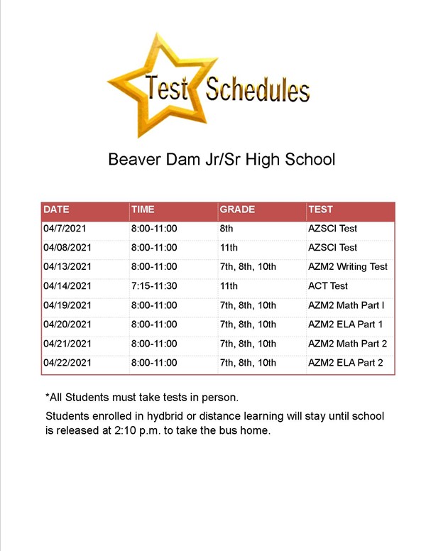 Beaver Dam Jr/Sr High School Test Schedule