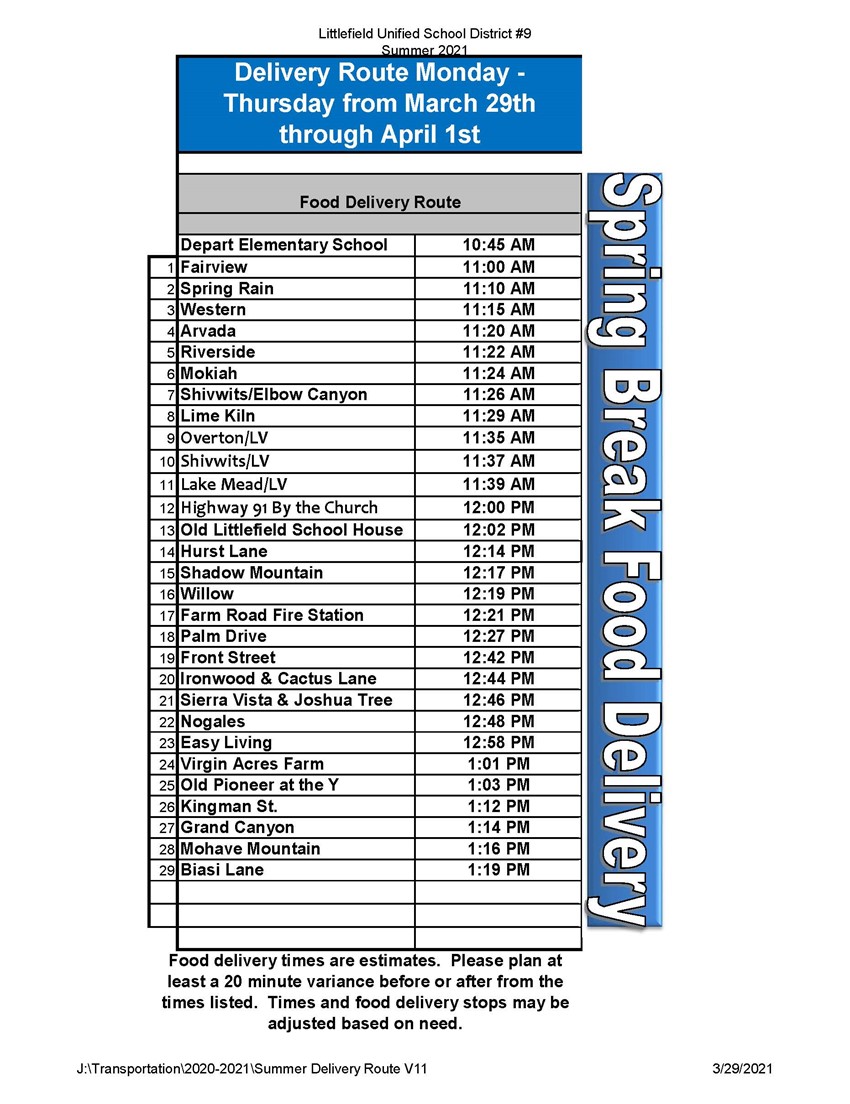 New Meal Delivery Times for Spring Break